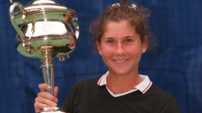 Monica Seles with the Australian Open title in 1996. (Getty) Monica Seles with the Australian Open title in 1996. (Getty)