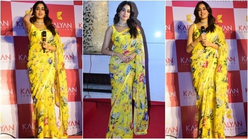 Janhvi Kapoor attends an event in a floral yellow saree and sleeveless blouse. (HT Photo/Varinder Chawla) Janhvi Kapoor attends an event in a floral yellow saree and sleeveless blouse. (HT Photo/Varinder Chawla)