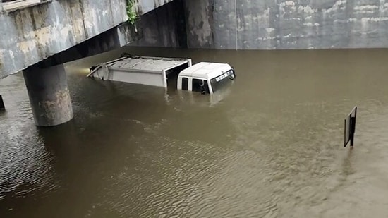 &nbsp;A vehicle submerged in the waterlogged underpass road following heavy rainfall triggered by cyclone Michaung, in Chennai on Monday.&nbsp;(ANI)