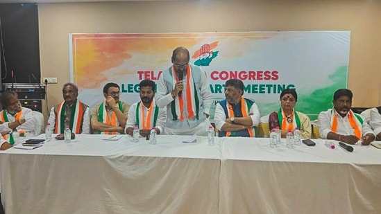 Telangana Congress president A. Revanth Reddy with party leaders D.K. Shivakumar, Manikrao Thakre and others during the Congress Legislature Party (CLP) meeting, in Hyderabad Telangana Congress president A. Revanth Reddy with party leaders D.K. Shivakumar, Manikrao Thakre and others during the Congress Legislature Party (CLP) meeting, in Hyderabad