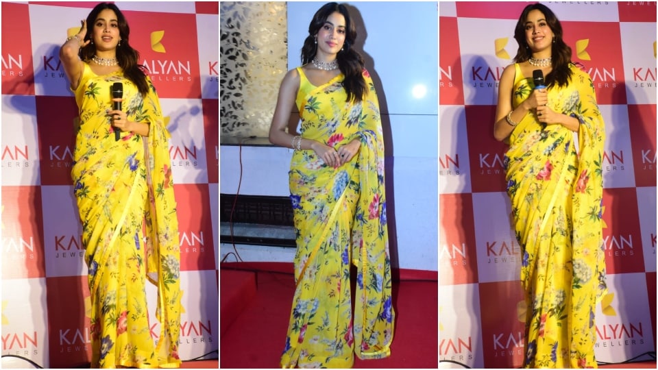 Janhvi Kapoor attends an event in a floral yellow saree and sleeveless blouse. (HT Photo/Varinder Chawla)