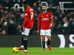 Manchester United's Bruno Fernandes looks dejected after Newcastle United's Anthony Gordon scores their first goal