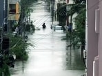 Chennai: A view of the waterlogged road following heavy rainfall triggered by cyclone Michaung, in Chennai. Chennai: A view of the waterlogged road following heavy rainfall triggered by cyclone Michaung, in Chennai.
