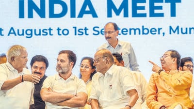 (From left) RJD chief Lalu Prasad, Congress leader Rahul Gandhi, NCP chief Sharad Pawar and Shiv Sena (UBT) chief Uddhav Thackeray in Mumbai on September 1. (HT photo) (From left) RJD chief Lalu Prasad, Congress leader Rahul Gandhi, NCP chief Sharad Pawar and Shiv Sena (UBT) chief Uddhav Thackeray in Mumbai on September 1. (HT photo)