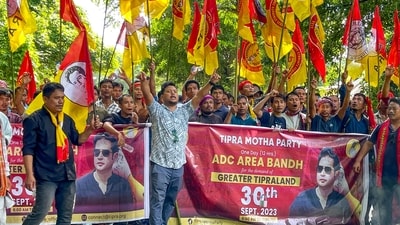 Agartala, Sep 30 (ANI): Tipraha Indigenous Progressive Regional Alliance (TIPRA) Motha Party supporters stage a protest demanding a separate Greater Tipraland state for tribals, in Agartala on Saturday. (ANI Photo) (Papan Das) Agartala, Sep 30 (ANI): Tipraha Indigenous Progressive Regional Alliance (TIPRA) Motha Party supporters stage a protest demanding a separate Greater Tipraland state for tribals, in Agartala on Saturday. (ANI Photo) (Papan Das)