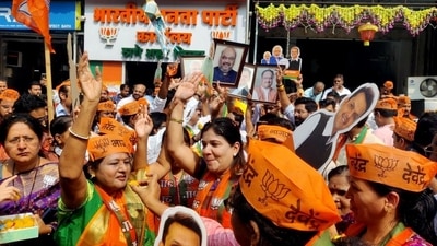 BJP workers celebrating as the party’s victory in Madhya Pradesh, Rajasthan, and Chhattisgarh assembly elections. (ANI) BJP workers celebrating as the party’s victory in Madhya Pradesh, Rajasthan, and Chhattisgarh assembly elections. (ANI)
