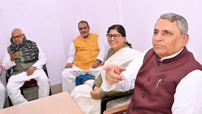 Bihar finance minister Vijay Choudhary during Janata Darbar programme at JD-U office in Patna on Tuesday. (Santosh Kumar/HT) Bihar finance minister Vijay Choudhary during Janata Darbar programme at JD-U office in Patna on Tuesday. (Santosh Kumar/HT)