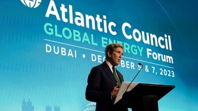 John Kerry, U.S. Special Presidential Envoy for Climate, speaks about nuclear fusion at the COP28 U.N. Climate Summit, Tuesday, Dec. 5, 2023, in Dubai, United Arab Emirates. (AP Photo/Joshua A. Bickel) (AP)