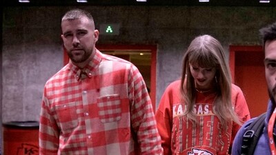 Kansas City Chiefs tight end Travis Kelce, left, and singer Taylor Swift leave Arrowhead stadium after an NFL football game between the Chiefs and the Los Angeles Chargers, Sunday, Oct. 22, 2023, in Kansas City, Mo.(AP Photo/Charlie Riedel) (AP) Kansas City Chiefs tight end Travis Kelce, left, and singer Taylor Swift leave Arrowhead stadium after an NFL football game between the Chiefs and the Los Angeles Chargers, Sunday, Oct. 22, 2023, in Kansas City, Mo.(AP Photo/Charlie Riedel) (AP)