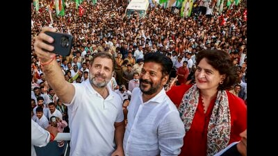 Congress leaders Rahul Gandhi, Revanth Reddy and Priyanka Gandhi Vadra. (PTI) Congress leaders Rahul Gandhi, Revanth Reddy and Priyanka Gandhi Vadra. (PTI)