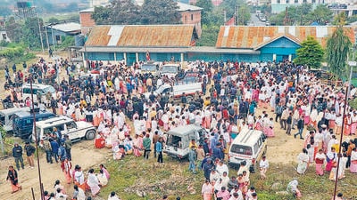 Family members arrive to collect the bodies of 13 people who were killed in a gunfight in village in Manipur’s Tengnoupal district on Monday, at JMINS mortuary on Tuesday. (PTI) Family members arrive to collect the bodies of 13 people who were killed in a gunfight in village in Manipur’s Tengnoupal district on Monday, at JMINS mortuary on Tuesday. (PTI)