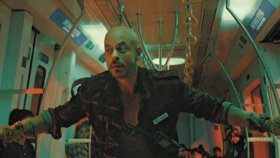 Shah Rukh Khan in a still from the movie Jawan. Shah Rukh Khan in a still from the movie Jawan.