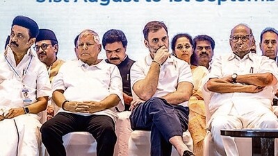 Opposition's Indian National Developmental Inclusive Alliance (INDIA) bloc leaders hold a meeting in Mumbai on September 1. (Hindustan Times) Opposition's Indian National Developmental Inclusive Alliance (INDIA) bloc leaders hold a meeting in Mumbai on September 1. (Hindustan Times)