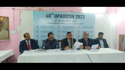 Organisers sharing details of UP AICON-2023 with media persons on Tuesday. (HT Photo) Organisers sharing details of UP AICON-2023 with media persons on Tuesday. (HT Photo)