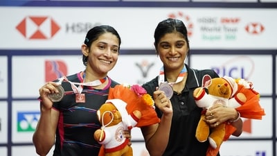 India's Ashwini Ponnappa and Tanisha Crasto pose for photos after wining the silver medal in the women's doubles event at the Syed Modi International 2023 badminton tournament (PTI) India's Ashwini Ponnappa and Tanisha Crasto pose for photos after wining the silver medal in the women's doubles event at the Syed Modi International 2023 badminton tournament (PTI)