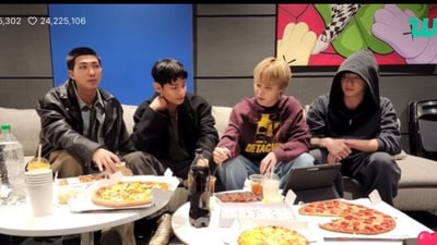 BTS members Jungkook, V, RM, and Jimin enjoy pizza together during their final live session together before military service (Instagram) BTS members Jungkook, V, RM, and Jimin enjoy pizza together during their final live session together before military service (Instagram)