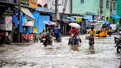 Water logging amid heavy rain due to Cyclone Michaung in Andhra Pradesh’s Tirupati. (PTI) Water logging amid heavy rain due to Cyclone Michaung in Andhra Pradesh’s Tirupati. (PTI)