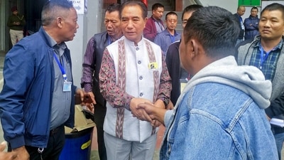 ZPM chief and party's chief ministerial candidate Lalduhoma being greeted by his supporters in Mizoram on Monday. (ANI) (HT_PRINT) ZPM chief and party's chief ministerial candidate Lalduhoma being greeted by his supporters in Mizoram on Monday. (ANI) (HT_PRINT)