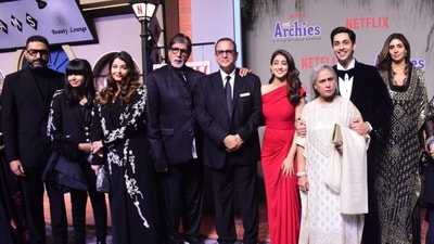 Aishwarya Rai, Aaradhya Bachchan, Abhishek Bachchan Jaya Bachchan, Amitabh Bachchan, Agastya Nanda and others at The Archies premiere. (Varinder Chawla) Aishwarya Rai, Aaradhya Bachchan, Abhishek Bachchan Jaya Bachchan, Amitabh Bachchan, Agastya Nanda and others at The Archies premiere. (Varinder Chawla)
