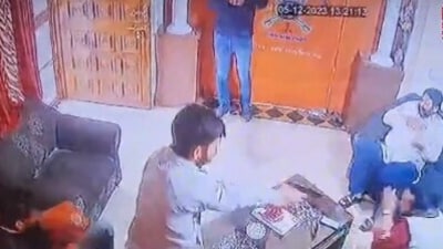 CCTV footage shows assailants shooting at Karni Sena chief Sukhdev Singh Gogamedi at his residence in Jaipur. (PTI) CCTV footage shows assailants shooting at Karni Sena chief Sukhdev Singh Gogamedi at his residence in Jaipur. (PTI)