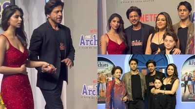 Shah Rukh Khan, Suhana Khan, Gauri Khan, Aryan Khan, AbRam Khan and Savita Chhibber at The Archies premiere. (Viral Bhayani) Shah Rukh Khan, Suhana Khan, Gauri Khan, Aryan Khan, AbRam Khan and Savita Chhibber at The Archies premiere. (Viral Bhayani)