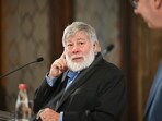 Steve Wozniak, co-founder of Apple Inc., left, and Aleksandar Vucic, Serbia's president, during a news conference in Belgrade, Serbia, on Wednesday, Dec. 6, 2023. 