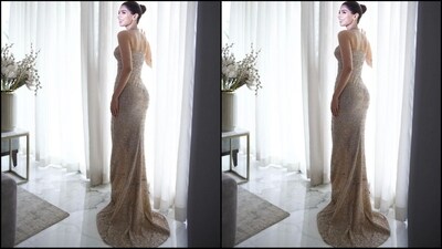 Khushi's strapless gown features an enchanting beige shade adorned with shimmering silver sequin embellishments throughout, a fitted silhouette that accentuates your curves and a floor-sweeping train adding extra glamour. (Instagram/@khushi05k) Khushi's strapless gown features an enchanting beige shade adorned with shimmering silver sequin embellishments throughout, a fitted silhouette that accentuates your curves and a floor-sweeping train adding extra glamour. (Instagram/@khushi05k)