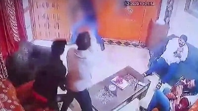 A video grab from the CCTV footage of Karni Sena president Sukhdev Singh's murder in Jaipur on Tuesday. (ANI) A video grab from the CCTV footage of Karni Sena president Sukhdev Singh's murder in Jaipur on Tuesday. (ANI)
