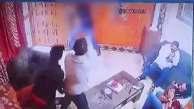 A video grab from the CCTV footage of Karni Sena president Sukhdev Singh's murder in Jaipur on Tuesday. (ANI)