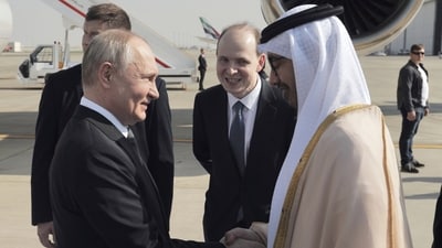 United Arab Emirates Foreign Minister Abdullah bin Zayed Al Nahyan, right, greets Russian President Vladimir Putin upon his arrival. (AP) United Arab Emirates Foreign Minister Abdullah bin Zayed Al Nahyan, right, greets Russian President Vladimir Putin upon his arrival. (AP)