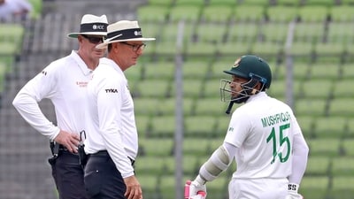 Bangladesh's Mushfiqur Rahim talks to umpires after he was declared out for obstructing the filed (AP) Bangladesh's Mushfiqur Rahim talks to umpires after he was declared out for obstructing the filed (AP)