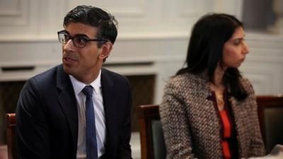 Britain's Prime Minister Rishi Sunak, left, and Britain's Home Secretary Suella Braverman, attend a meeting. (AP) Britain's Prime Minister Rishi Sunak, left, and Britain's Home Secretary Suella Braverman, attend a meeting. (AP)