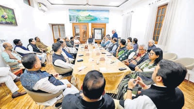 Congress president Mallikarjun Kharge during a meeting with leaders of 17 INDIA bloc parties, at his residence in New Delhi, on Wednesday. (PTI) Congress president Mallikarjun Kharge during a meeting with leaders of 17 INDIA bloc parties, at his residence in New Delhi, on Wednesday. (PTI)
