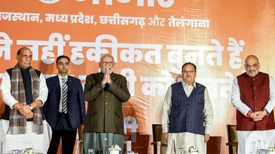Prime Minister Narendra Modi greets during the BJP's victory programme after the party won Madhya Pradesh, Rajasthan and Chhattisgarh assembly elections on December 3. (ANI) Prime Minister Narendra Modi greets during the BJP's victory programme after the party won Madhya Pradesh, Rajasthan and Chhattisgarh assembly elections on December 3. (ANI)
