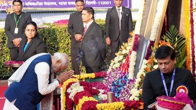 Earlier, taking to his social media account, 'X' PM Modi wrote, "Pujya Baba Saheb, along with being the architect of the Indian Constitution, was an immortal champion of social harmony, who dedicated his life for the welfare of the exploited and the deprived. My respectful obeisances to him today on his Mahaparinirvana day. (PTI) Earlier, taking to his social media account, 'X' PM Modi wrote, "Pujya Baba Saheb, along with being the architect of the Indian Constitution, was an immortal champion of social harmony, who dedicated his life for the welfare of the exploited and the deprived. My respectful obeisances to him today on his Mahaparinirvana day. (PTI)