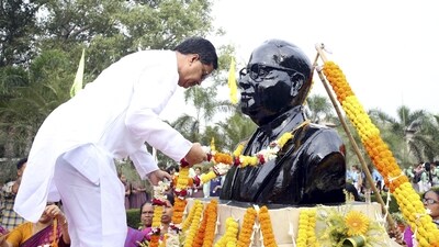 Tripura Chief Minister Manik Saha pays tribute to BR Ambedkar on his death anniversary, in Agartala. (PTI) Tripura Chief Minister Manik Saha pays tribute to BR Ambedkar on his death anniversary, in Agartala. (PTI)