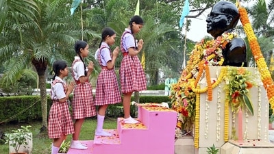 Schoolgirls pay tribute to BR Ambedkar on his death anniversary, in Agartala. (PTI) Schoolgirls pay tribute to BR Ambedkar on his death anniversary, in Agartala. (PTI)