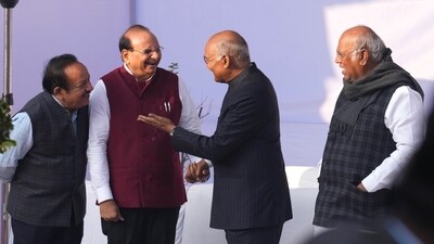 Former president Ram Nath Kovind, Congress President Mallikarjun Kharge and Delhi LG VK Saxena during the death anniversary celebration of BR Ambedkar, at Parliament House complex, in New Delhi. (PTI) Former president Ram Nath Kovind, Congress President Mallikarjun Kharge and Delhi LG VK Saxena during the death anniversary celebration of BR Ambedkar, at Parliament House complex, in New Delhi. (PTI)