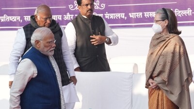 PM Modi and Congress leader Sonia Gandhi during the death anniversary celebration of BR Ambedkar, at Parliament House complex, in New Delhi. (PTI) PM Modi and Congress leader Sonia Gandhi during the death anniversary celebration of BR Ambedkar, at Parliament House complex, in New Delhi. (PTI)