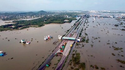A drone visual shows an area that is flooded after the landfall of Cyclone Michaung, in Chennai, Wednesday, Dec. 6, 2023. (PTI) A drone visual shows an area that is flooded after the landfall of Cyclone Michaung, in Chennai, Wednesday, Dec. 6, 2023. (PTI)