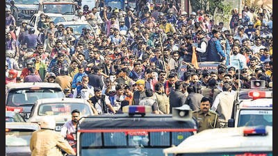 Rashtriya Rajput Karni Sena supporters at a protest against the killing of their leader Sukhdev Singh Gogamedi, in Jaipur, on Wednesday. (PTI) Rashtriya Rajput Karni Sena supporters at a protest against the killing of their leader Sukhdev Singh Gogamedi, in Jaipur, on Wednesday. (PTI)