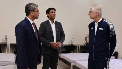 AIFF president Kalyan Chaubey, R Vineel Krishna, Secretary Sports & Youth services Odisha and Arsene Wenger, FIFA's Chief of Global Football Development AIFF president Kalyan Chaubey, R Vineel Krishna, Secretary Sports & Youth services Odisha and Arsene Wenger, FIFA's Chief of Global Football Development