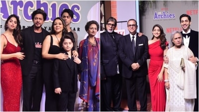 Shah Rukh Khan and Amitabh Bachchan with their family members at The Archies premiere. (HT Photo/Varinder Chawla) Shah Rukh Khan and Amitabh Bachchan with their family members at The Archies premiere. (HT Photo/Varinder Chawla)