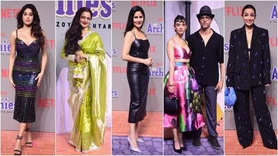 Janhvi Kapoor, Rekha, Katrina Kaif, Hrithik Roshan, Saba Azad and Malaika Arora at The Archies premiere. (Ht Photo/Varinder Chawla) Janhvi Kapoor, Rekha, Katrina Kaif, Hrithik Roshan, Saba Azad and Malaika Arora at The Archies premiere. (Ht Photo/Varinder Chawla)