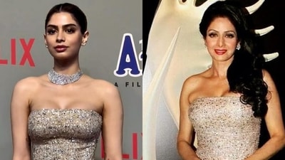 Khushi Kapoor in Sridevi's old dress at The Archies premiere. Khushi Kapoor in Sridevi's old dress at The Archies premiere.
