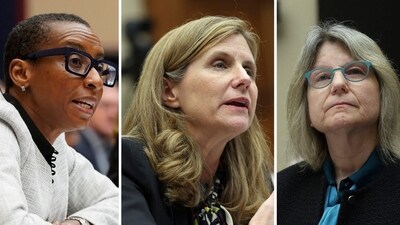 (L-R) Claudine Gay, Elizabeth Magill, Sally Kornbluth testified on Capitol Hill about increasing antisemitism on their campuses (REUTERS/Ken Cedeno and  Kevin Dietsch / GETTY IMAGES NORTH AMERICA / Getty Images via AFP)