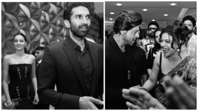 Ananya Panday with Aditya Roy Kapur and Shah Rukh Khan with Kajol at The Archies premiere. Ananya Panday with Aditya Roy Kapur and Shah Rukh Khan with Kajol at The Archies premiere.
