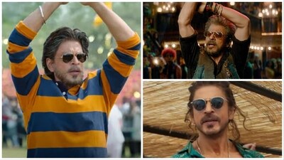 Shah Rukh Khan in stills from Dunki, Pathan and Jawaan. Shah Rukh Khan in stills from Dunki, Pathan and Jawaan.