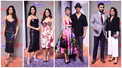 Janhvi Kapoor, Katrina Kaif, Isabelle Kaif, Saba Azad, Hrithik Roshan, Ranbir Kapoor and Neetu Kapoor attend The Archies premiere. Janhvi Kapoor, Katrina Kaif, Isabelle Kaif, Saba Azad, Hrithik Roshan, Ranbir Kapoor and Neetu Kapoor attend The Archies premiere.