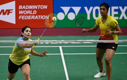 Indian women shuttler Ashwini Ponnappa and Tanisha Crasto in action during Syed Modi international badminton championship 2023 Indian women shuttler Ashwini Ponnappa and Tanisha Crasto in action during Syed Modi international badminton championship 2023